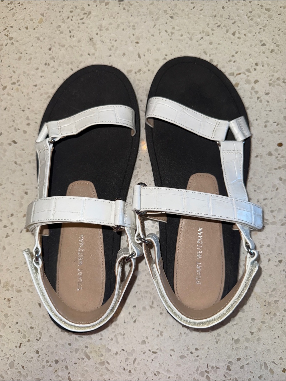 Stuart Weitzman White Strappy Sandals with Black Footbed
